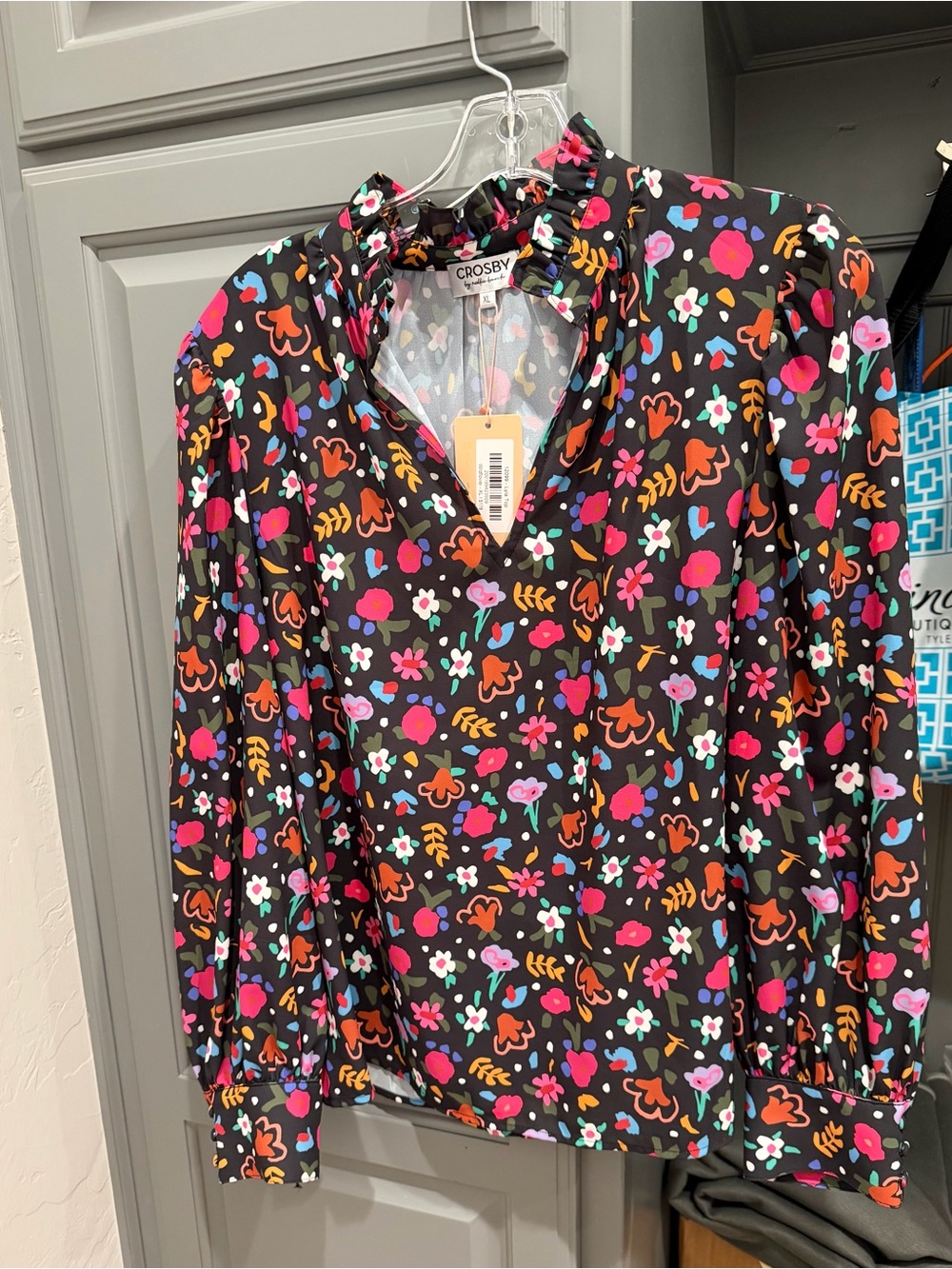 CROSBY by Mollie Burch Black Floral Ruffle-Trim V-Neck Blouse